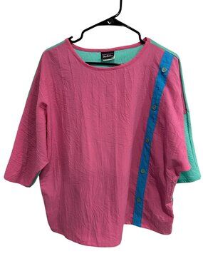 New Fashion Large Pink Teal Colorblock Button Blouse House Top Retro Vintage